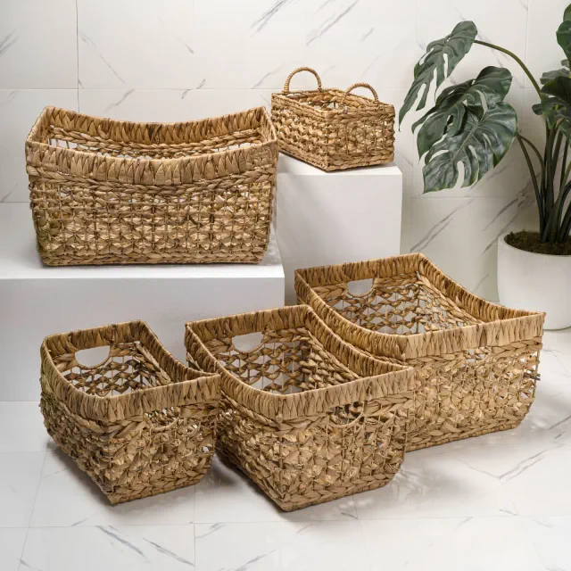 happimess Aria Contemporary Bohemian Handwoven Water Hyacinth Nesting Storage Baskets with Handles, Natural