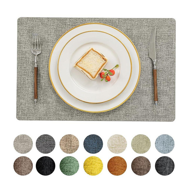 Romanstile Vinyl Placemats Set of 4-12 X 18 Inch - Heat Resistant Place Mats 100% Waterproof Oilproof Wipeable Reversible Faux Leather Table Mats for Kitchen/Dining/Party/Outdoor, Light Grey