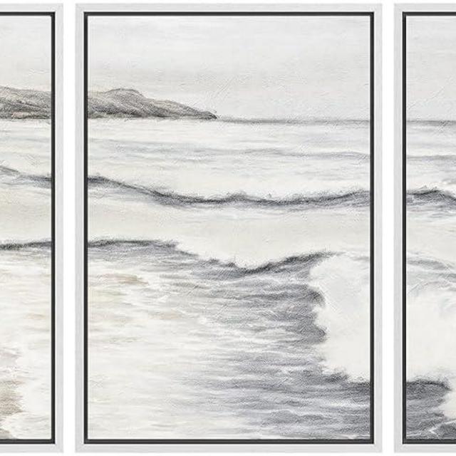 SIGNWIN Framed Canvas Print Wall Art Set Ocean Wave Beach Shore Seascape Nature Wilderness Illustrations Modern Art Decorative Scenic Rustic Zen for Living Room, Bedroom, Office - 24"x36"x3 WHITE