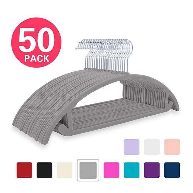 MIZGI Premium Velvet Hangers (Pack of 50) Heavyduty- Non Slip No Shoulder Bump Suit Hangers - Chrome Hooks,Space Saving Clothes Hangers,Rounded Hangers for Coat,Sweater,Jackets,Pants,Shirts (Gray)
