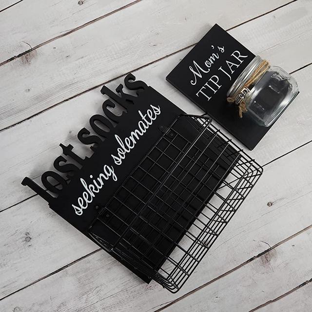 EVA murmure Lost Socks Rustic Wooden Laundry Sign Wall Decor With Attached Basket And Mom Tip Jar Wooden Sign With Bottle -Gifts For Women Or Mom Laundry Room Organization, Housewarming Gift or House Warming Presents for New Home .Farmhouse Laundry Room Decor And Laundry Room Accessories And Storage -11x12x6inches-black