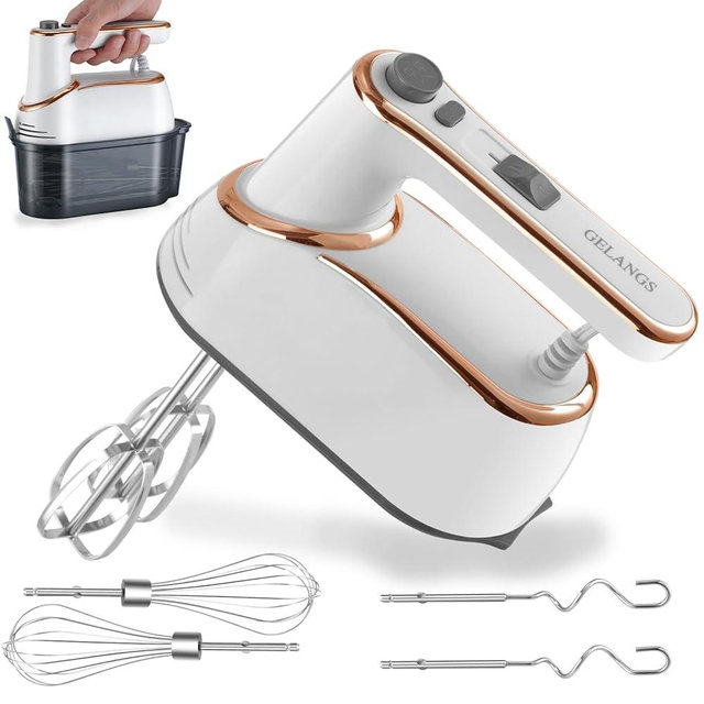 GELANGS Hand Mixer, 5-Speed Electric with Turbo Boost, White, Copper Motor, 400W, Dishwasher-Safe Attachments for Baking, Whipping, Dough