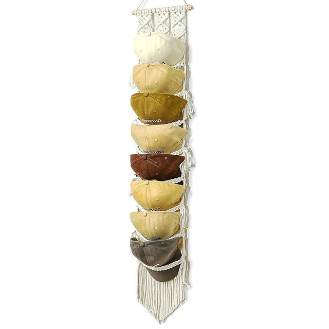 Boho Baseball Cap Hanger-1 Pack-Macrame Hat Organizer for Ball Caps Holder Over Door, Hat Rack for Wall, Cap Rack for Decoration and Display, Boho Handmade Cap Display 8 caps （cream)