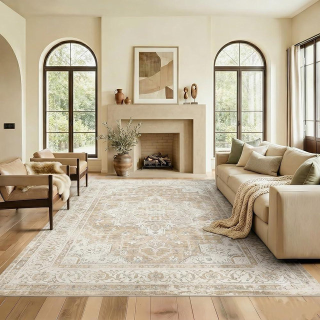 Syrlfar 8x10 Area Rug for Living Room-Vintage Farmhouse Boho Floral Neutral Washable Stain Resistant Indoor Carpet for Bedroom Office and Home Decor(Beige&Brown)