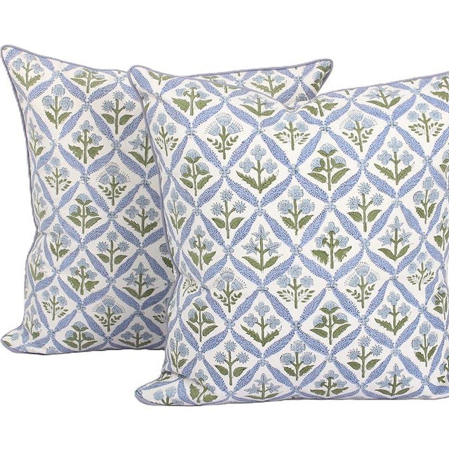 Ridhi Light Steel Blue Block Print Cotton Throw Pillow Covers for Decorative Couch Pillows for Living Room, Chic Boho Cute Outdoor Valentine Pillows Covers Gifts 20x20 Inches