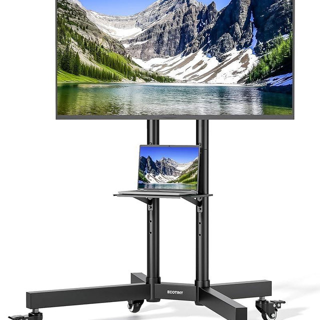 ECOTINY Heavy-Duty Rolling TV Stand for 32–85" Screens — Supports 187 lbs (154 lbs TV + 33 lbs Shelf), Stable Mobile TV Cart with Shelf & Locking Wheels, Floor TV Stand, Max VESA 600x400, Black