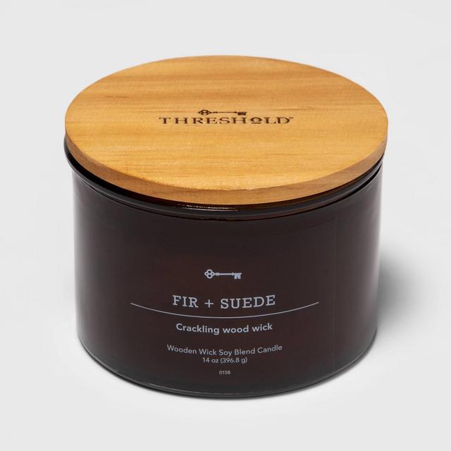 14oz Lidded Amber Glass Jar Crackling Wooden 3-Wick Fir and Suede Candle - Threshold™