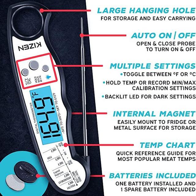 KIZEN Digital Meat Thermometer with Probe - Waterproof, Kitchen Instant Read Food Thermometer for Cooking, Baking, Liquids, Candy, Grilling BBQ & Air Fryer - Black/White