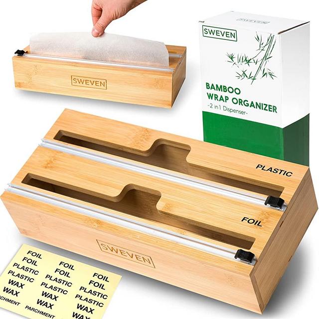 Plastic Wrap Organizer for drawer | Saran Wrap, Aluminum Foil, Wax Paper and Plastic Wrap Dispenser with Cutter | Perfect Kitchen Organizer | Labels Included | Compatible with 12" Roll (2 Slot)