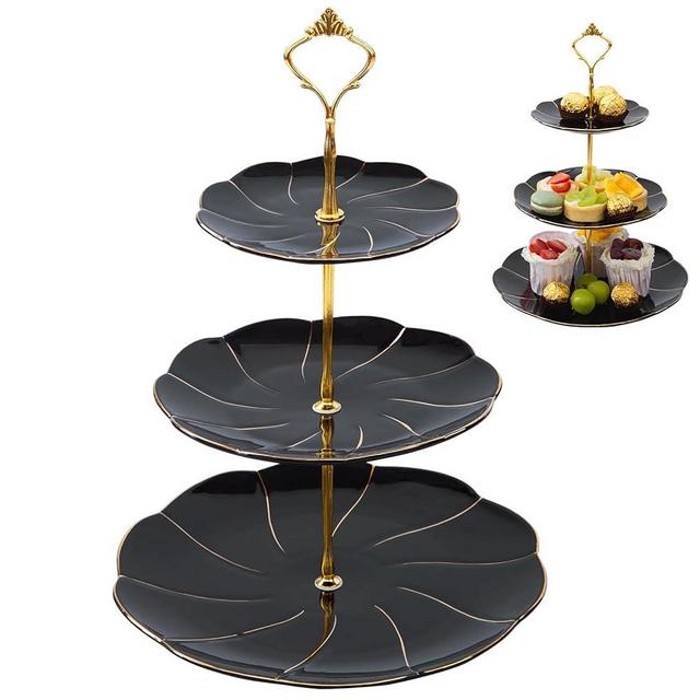 DUJUST Luxury Porcelain 3-Tier Cupcake Stand Tower, British Style Serving Tray with Golden Trim, Food Grade Dessert Display Stand, Beautiful Gift for Tea Party & Home Décor - Black