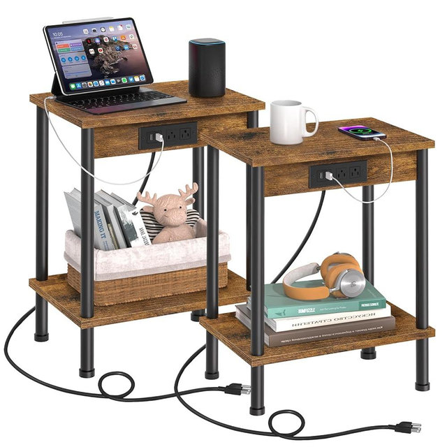 YUFAM End Table with Charging Station,Small Side Table,2-Tier Nightstand with Storage Shelf,Sofa Bedside Table for Small Spaces in Living Room,Bedroom,Office,Easy Assembly,Rustic Brown