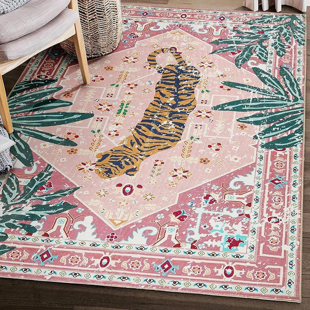 Aldopein Washable Pink Rugs Boho Vintage Tropical Jungle 9x12 Area Rugs Tribal Oriental Carpet for Bedroom Kitchen Dining Living Room Office Distressed Indoor Cute Nursery Rug
