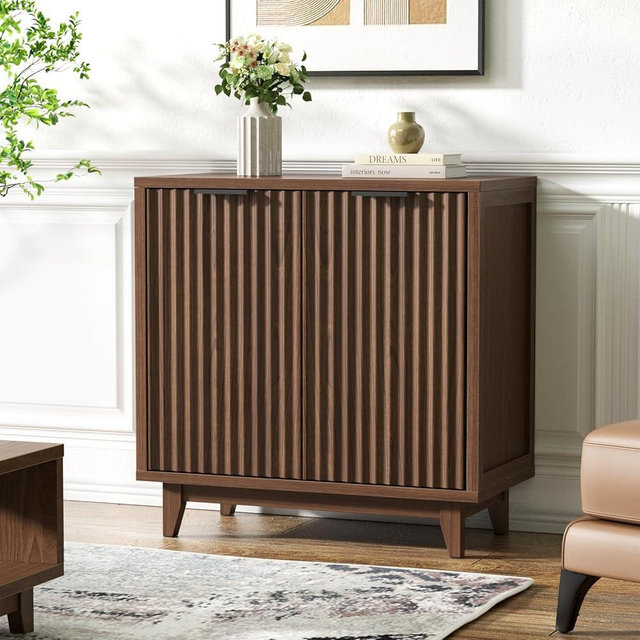 Fluted Cabinet with Storage, 2 Doors Sideboard Buffet, Mid Century Modern Accent Cabinet with Adjustable Shelves, Multifunctional Console Table with Storage for Living Room, Kitchen, Entryway