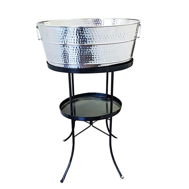 BREKX Aspen Hammered Stainless-Steel Beverage Tub, Rust-Resistant and Leak-Proof Ice and Drink Bucket with Metal Stand, 25-Quart