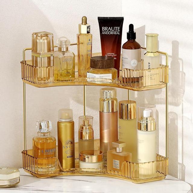 Weidace Corner Bathroom Counter Organizer Bathroom Countertop Shelf Makeup Organizer for Vanity Perfume Tray for Corner Storage (2 Tiers, Gold)