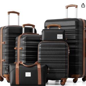 LONG VACATION 6 Piece Luggage Set Carry on Suitcase with ABS+PC hardshell, Spinner Wheels & YKK Zipper TSA Lock (BLACK-BROWN, 6 piece set)