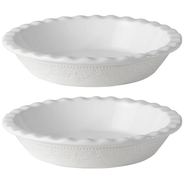 Fun Elements Pie Pan, 9 Inch Ceramic Pie Dish, Deep Dish Pie Pan with Lace Emboss, Ruffled Pie Plate for Baking, Set of 2, White