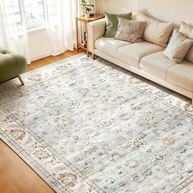 WITSHOCK 8x10 Area Rugs for Living Room: Machine Washable Non Slip Vintage Carpet - Low Pile Lightweight Print Rug for Bedroom Dining Room - Stain Resistant for Household - Pet Owners (Light Blue)