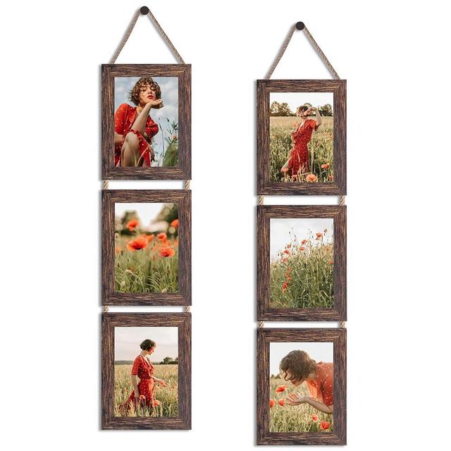 QUTREY Collage Picture Frames 5x7, 3 Openings Hanging Photo Frame Set for Vertical 5 by 7 inch Pictures for Wall, Distressed Brown, 2 Pack