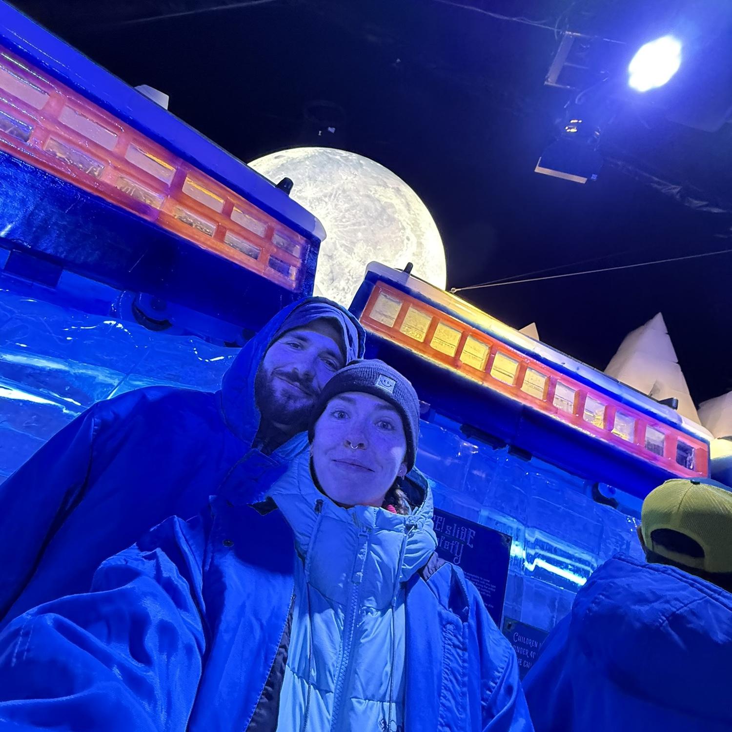 Visiting the Polar Express ice sculptures.