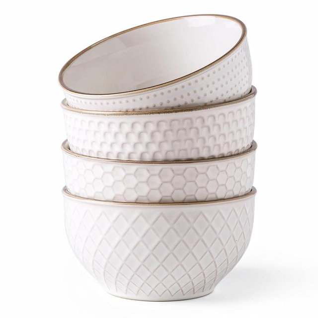 GBHOME Stoneware Cereal Bowls Set for Kitchen, 22 oz Ceramic Soup Bowls with Texture Patterns for Soup, Fruits,Noodle,Chip. Modern Kitchen Bowls House-warming Gift, Set of 4-Off White