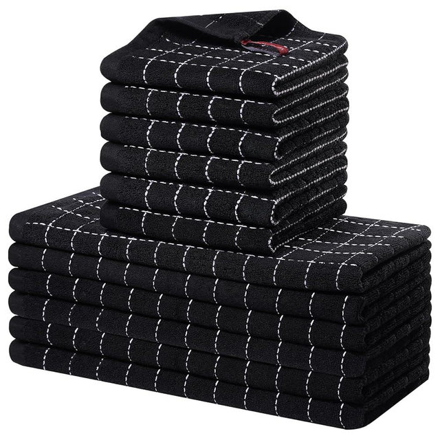 Homaxy Kitchen Towels and Dishcloths Set, 12 x 12 and 13 x 28 Inches, Set of 12 Bulk Cotton Terry Kitchen Towels Set, Checkered Designed, Soft and Super Absorbent Dish Towels, Black