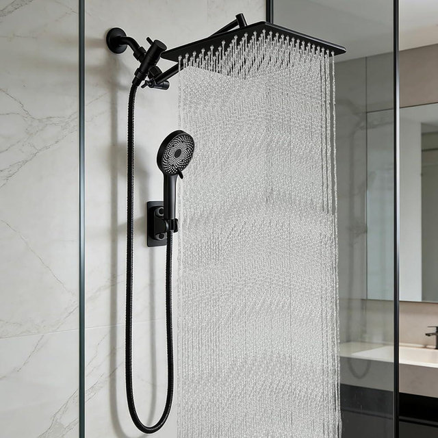 12 Inch Shower Head, Rain Shower Head with Adustable Extension Arm, Detachable Matte Black Rina Shower Head with Handheld Spray, High Pressure Shower Hose with Holder in Bathroom(Black)