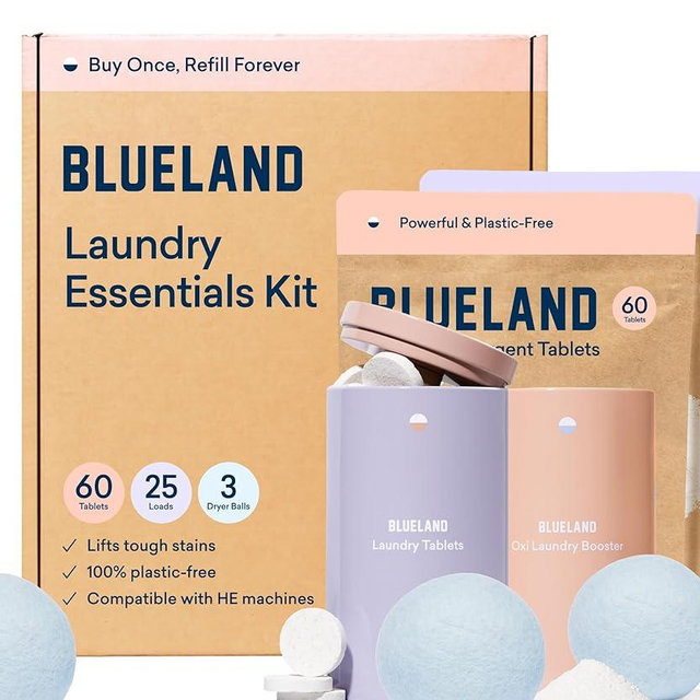 BLUELAND Laundry Essentials Kit, Spring Bloom - Plastic-Free Laundry Detergent Tablets, Oxi Booster, and Reuseable Natural Wool Dryer Balls