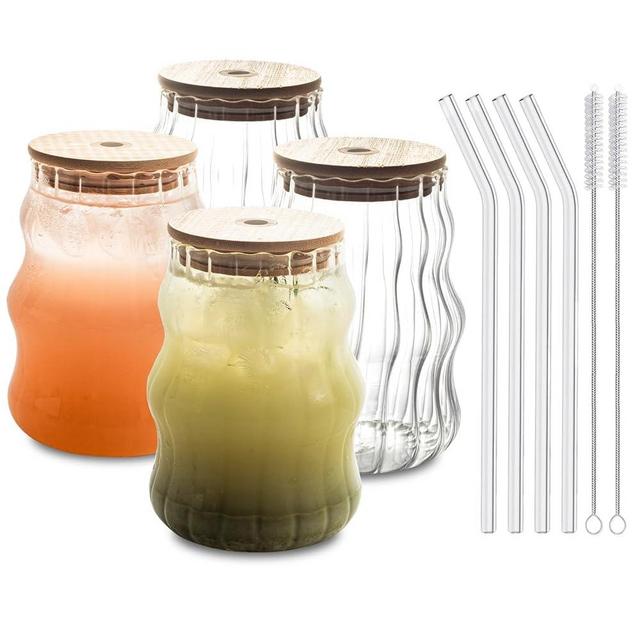 4 Pcs Ribbed Glass Cups With Straws With Lids Set, Water Glasses Set, 18Oz Vintage Drinking Glassware With Wave Shape Design, Bubble Cups for Iced Coffee, Beverage, Milk, Cocktails (18 OZ -A)