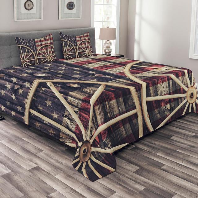 Western Bedspread Set, Antique Cart Carriage Wheels with American Flag in Retro Vintage Colors New World Print, Decorative Quilted Coverlet Set with Pillow Shams Included, Multi, by Ambesonne