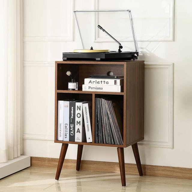 Craftsby Record Player Table – 20 x 15.75 x 32 Inches- Vintage Decor Side Table with Wood Legs, Record Holder Stand - Walnut Finish Retro Furniture Storage Cabinet for Living Room, Bedroom, Kitchen