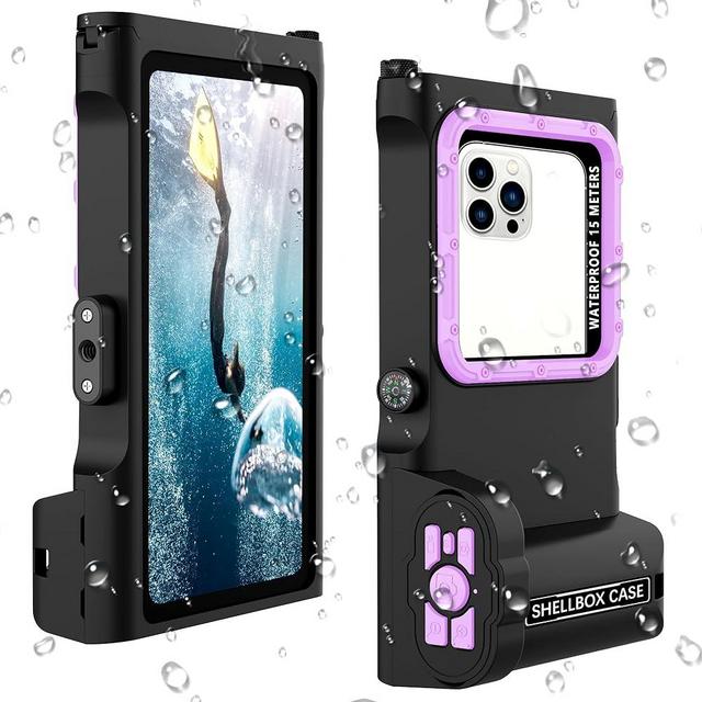 Professional Snorkeling Diving Phone Case, Bluetooth Connection with APP Control, Underwater 50ft/15m Photo & Video Protective Housing Compatible with iPhone Samsung LG Huawei etc. (Black & Purple)