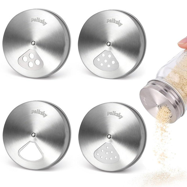 Palksky Mason Jar Spice Shaker Lids Stainless Steel, 4 Pack Regular Mouth Mason Canning Cap for Spices Coriander Seed Garlic/Rosemary Powder, Adjustable Tops Pour Spout Seasoning Shaker Dispenser