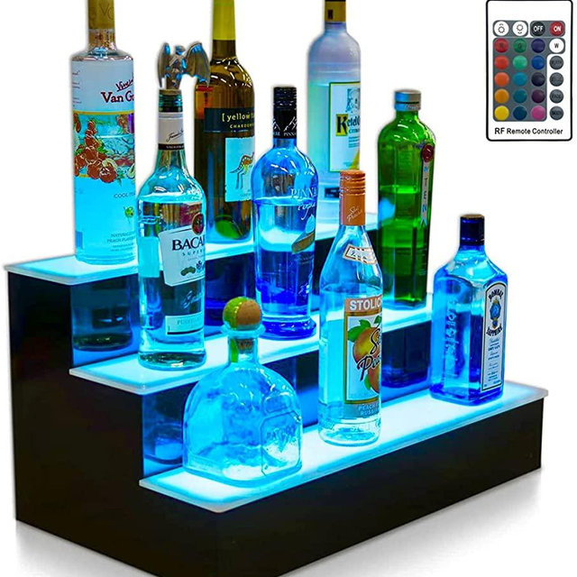 Boss Premium 16 Inch LED Lighted Bar Liquor Bottle Alcohol Whiskey 3-Step Shelf Rack Stand Display Tray Units for Home Bar Living Room Accessories and Decor - Designed in USA