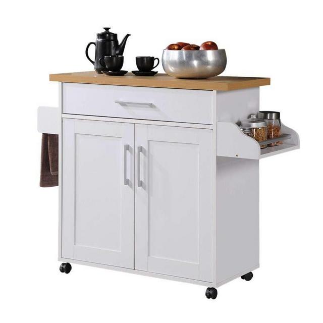 Hodedah Kitchen Island with Spice Rack, Towel Rack Drawer, White with Beech Top
