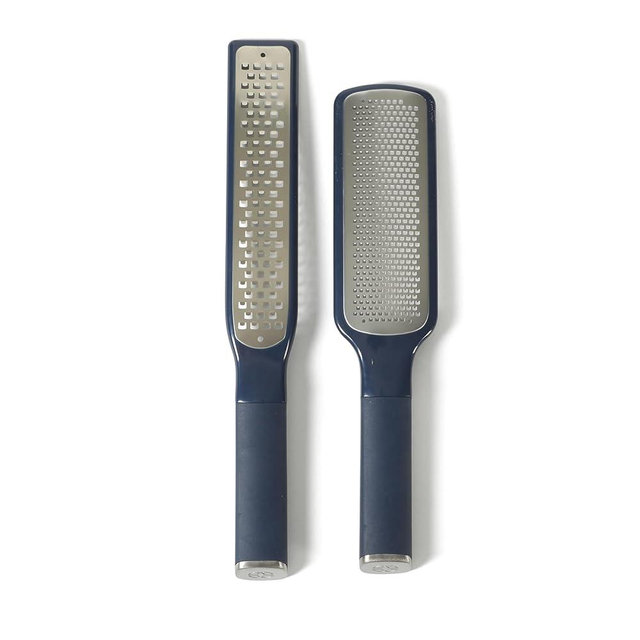 Calphalon Edge 2 Piece Stainless Steel Handheld Cheese Grater and Lemon Zester W/Covers & Rubber Handles - Navy Blue