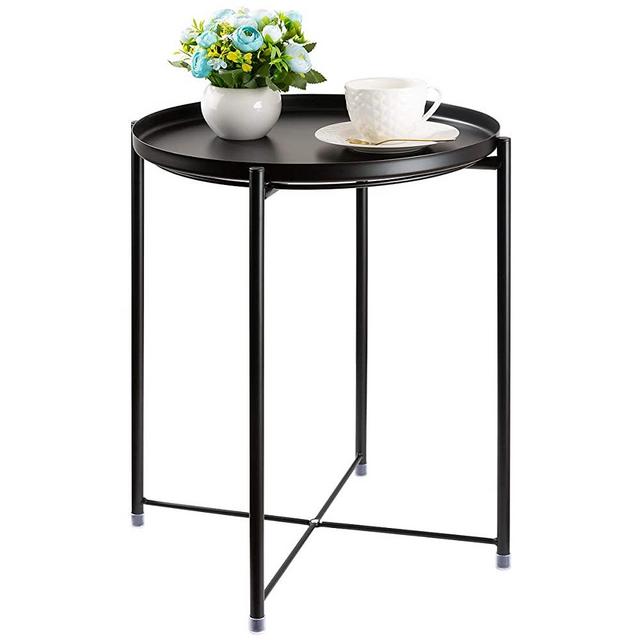 CERBIOR Tray End Table, Round Metal Tray Table Side Sofa Table Anti-Rust and Waterproof Outdoor & Indoor Snack Table Accent Coffee Table Black