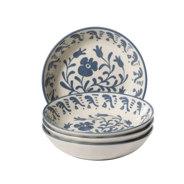 Bloomhouse - 2-Time Oprah’s Favorite Things - 4 Piece Dinner Bowl Set, 8” Stoneware Pasta Bowls, Floral Design, Dishwasher Safe - Iris Blue