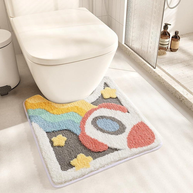 Tyrafry Cute Toilet Rug U Shaped, Microfiber Bathroom Toilet Rugs Non Slip Bath Mat Toliet Rug Machine Washable Absorbent Bathroom Rugs 20 x 22 Inches, Spaceship