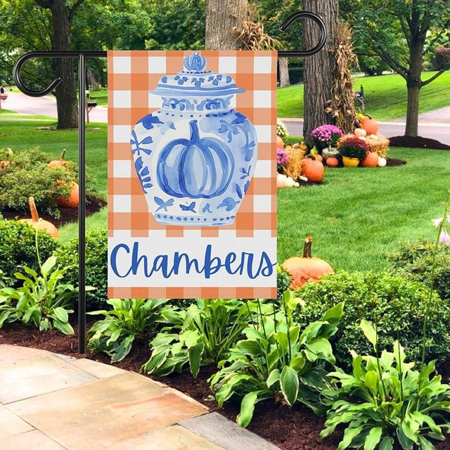 Chinoiserie Pumpkin Fall Garden Flag, Personalized Autumn Yard Decor, Grandmillennial Pumpkin House Flag, Custom Housewarming Gift