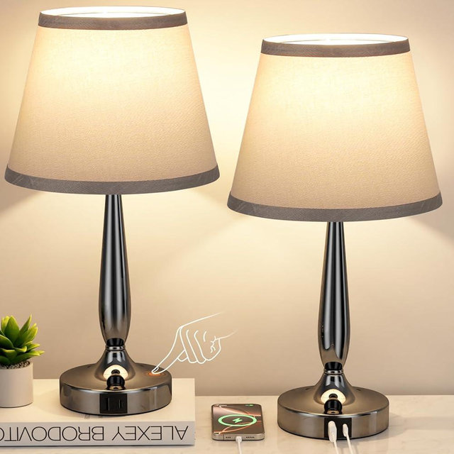 Kakanuo Touch Table Lamp for Bedroom Set, Small Bedside Lamps Set of 2 with USB C Charging Port, 3 Way Dimmable Touch Control Nightstand Lamps, LED Bulb Included