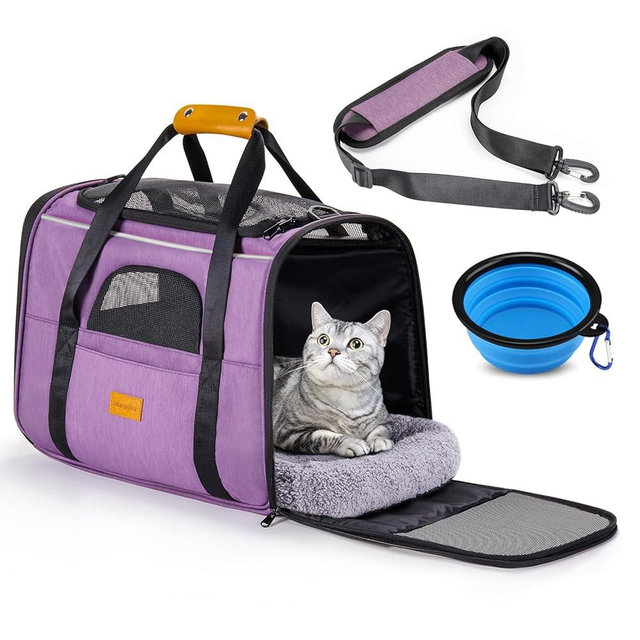Morpilot Cat Carrier - Soft Sided Cat Carrier Large for Big Medium Cats and Puppy up to 18lbs, Pet Carrier with Safety Zippers, Foldable Bowl, Airline Approved Large Dog Carrier - Purple