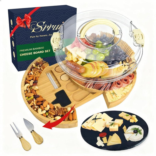 Charcuterie Board Set with Lid Round, Portable Bamboo Cheese Board Set,Travel Tray with Locking Lid for Picnic, Party, Wedding & Housewarming & Kitchen Gifts for Women