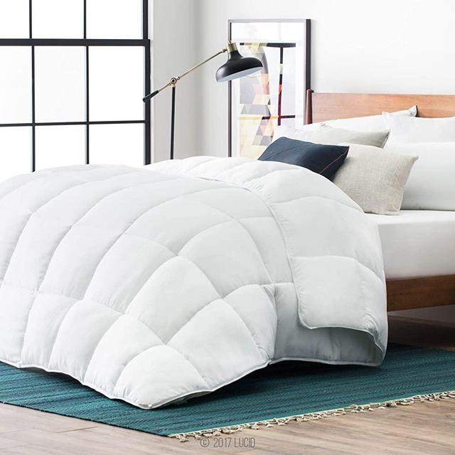 LUCID Alternative Comforter-Hypoallergenic-All Season-400 GSM-Ultra Soft and Cozy-8 Duvet Loops-Box Stitched-3 Year Warranty-Machine Washable-King-White