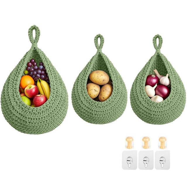 Hanging Fruit Baskets for Kitchen, 3 Pack Boho Cotton Rope Handwoven Vegetable Storage Wall Mounted Large Organizing Basket for Farmhouse Decor, Onion, Potato, Garlic and Plants (Green)
