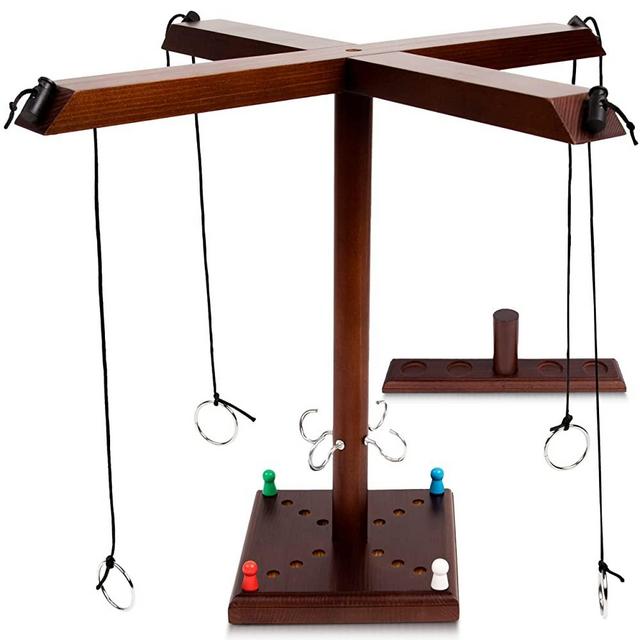 Hook and Ring Game on a String - Hook & Ring Toss Game for Adults & Kids - Bar Hooks Game 4 Player Fun, Fast & Easy String Length Adjustment, Simple Setup, Wide Base & Strong Bolts