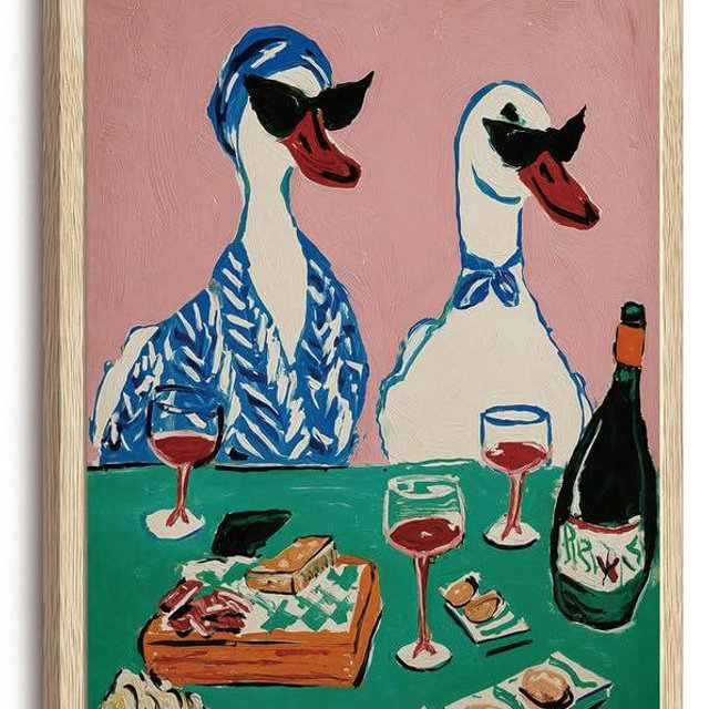 XJYISUO Framed Wall Art Duck Wall Decor Animal Canvas Art Wine Party Pictures Retro Paintings Funny Artwork For Kitchen Dining Room Bar