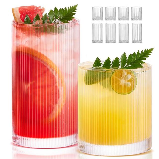 Ribbed Glass Cups Set of 8 - 4 Large Capacity Highball Glasses 17oz, 4 Rocks Glass Cups 12oz, Cocktail Glasses, Drinking Glasses Ideal for Beer, Juice, Water, Ice Coffee Cup, Whiskey, Mixed Drinkware