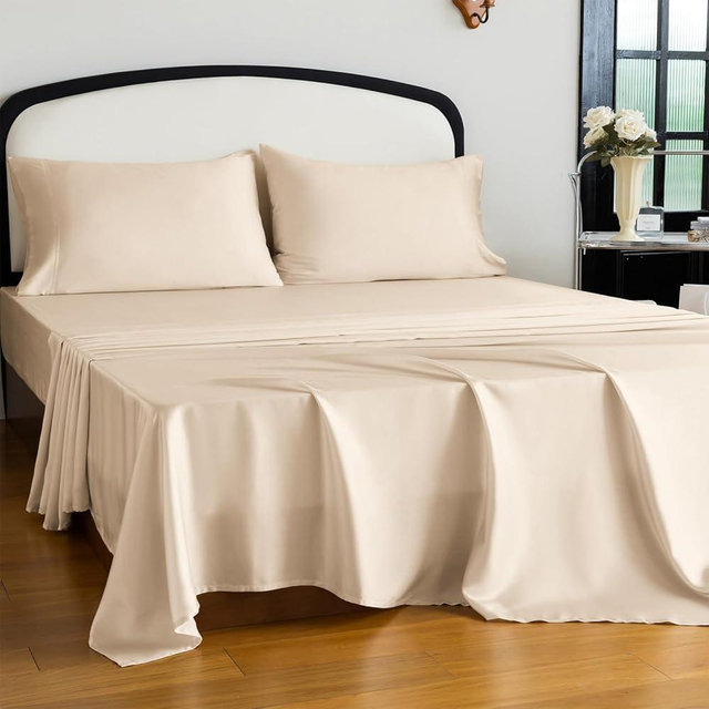 Homilay Tencel Lyocell 4 Pieces King Sheet Set, Silky Soft, Cooling & Wrinkle-Free - Oeko-TEX Certified - Deep Pocket Fits 16" Mattress, Beige