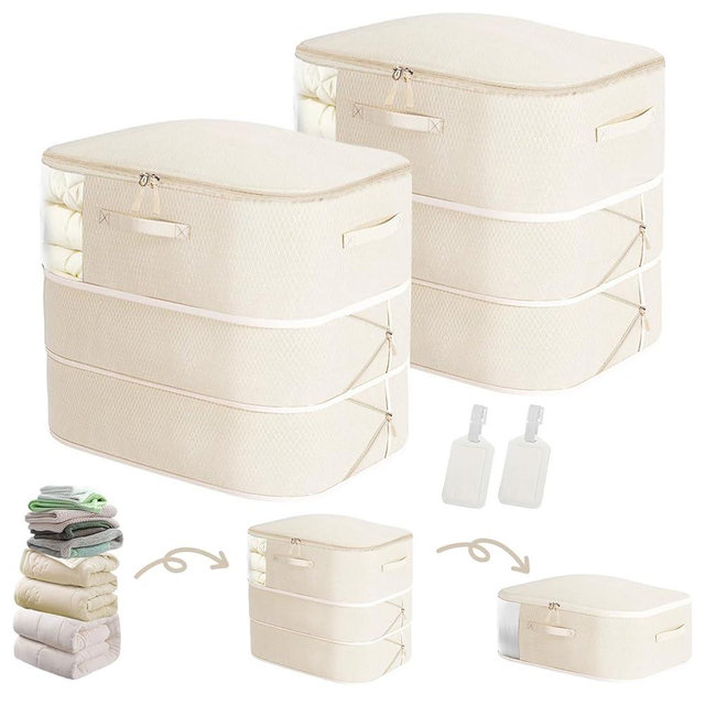 Comforter Storage Bag, Blanket Storage Organizer Compression Bags 3-Layer Large Capacity Ultra Space Saving Self Compression Organizer for Comforters, Clothes, Pillow, Blankets, 2 Pack, Beige